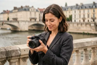 Photographe professionnelle avec un appareil photo devant le Pont Saint-Laurent à Mâcon, bord de Saône