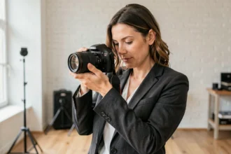 Photographe professionnelle tenant un appareil photo reflex en studio à Épinal, illustration pour choisir son photographe selon ses besoins