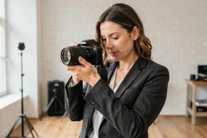 Photographe professionnelle tenant un appareil photo reflex en studio à Épinal, illustration pour choisir son photographe selon ses besoins
