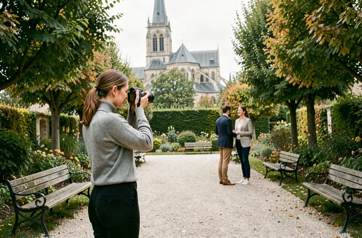 Photographe capturant une séance photo de couple dans les Jardins de l'Archevêché avec la cathédrale de Bourges en arrière-plan