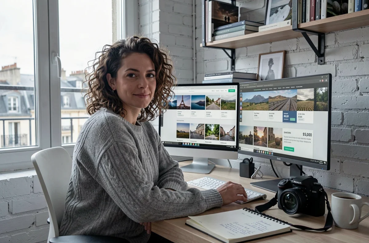 Photographe à son bureau consultant ses offres tarifaires en ligne depuis son studio à domicile