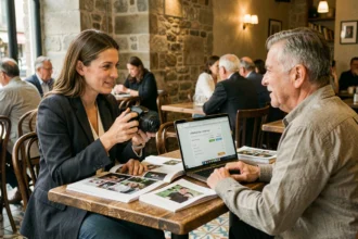 Photographe professionnelle discutant de tarifs avec un client dans un café de Villefranche-sur-Saône