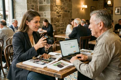 Photographe professionnelle discutant de tarifs avec un client dans un café de Villefranche-sur-Saône