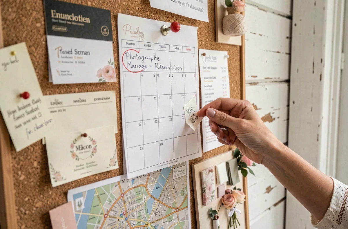 Calendrier de réservation d'un photographe de mariage à Mâcon avec notes manuscrites et planification anticipée