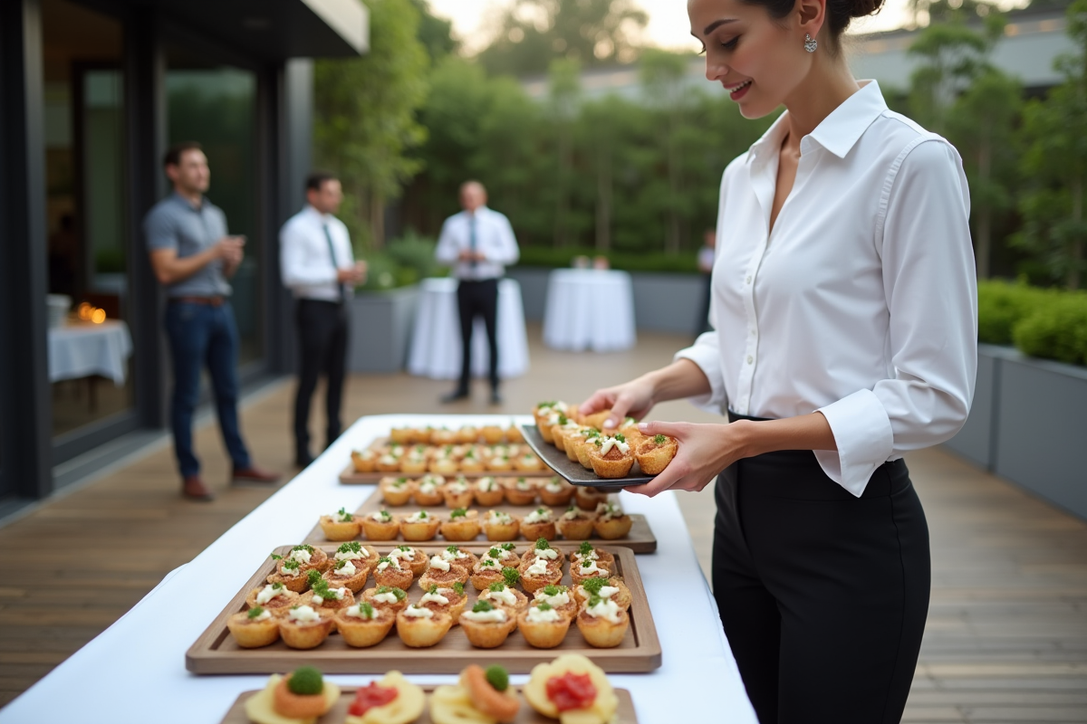 Cuisinier plaçant un plateau de hors-d
