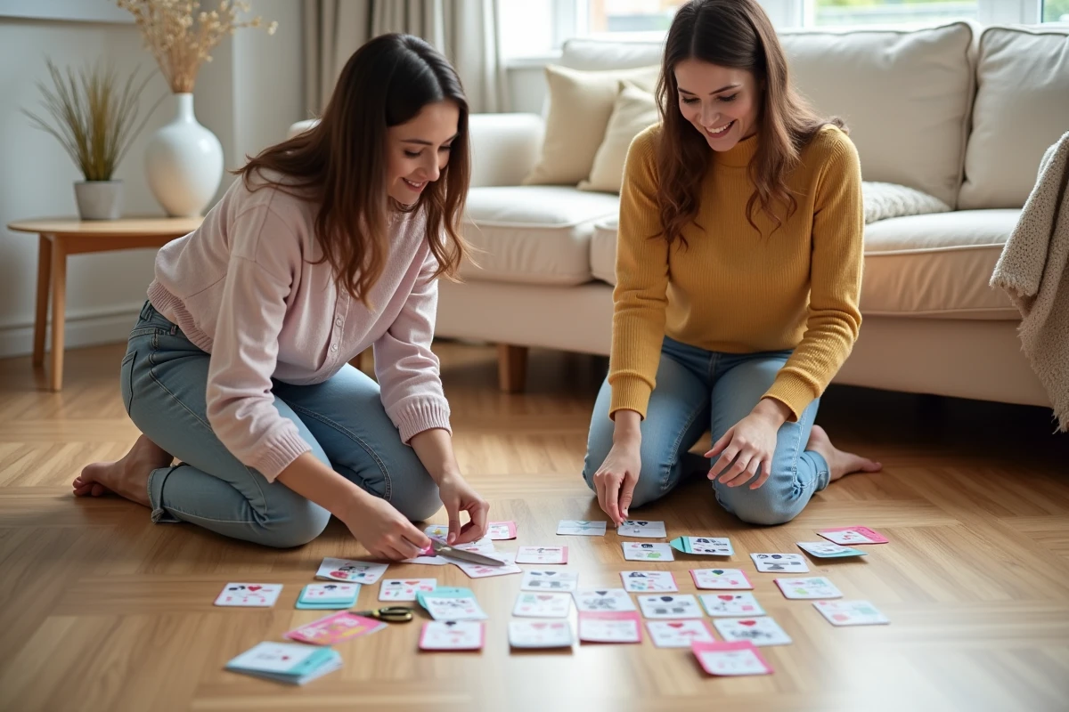 Deux femmes préparant et découpant des jeux EVJF imprimés sur le sol du salon entourées d'accessoires de personnalisation