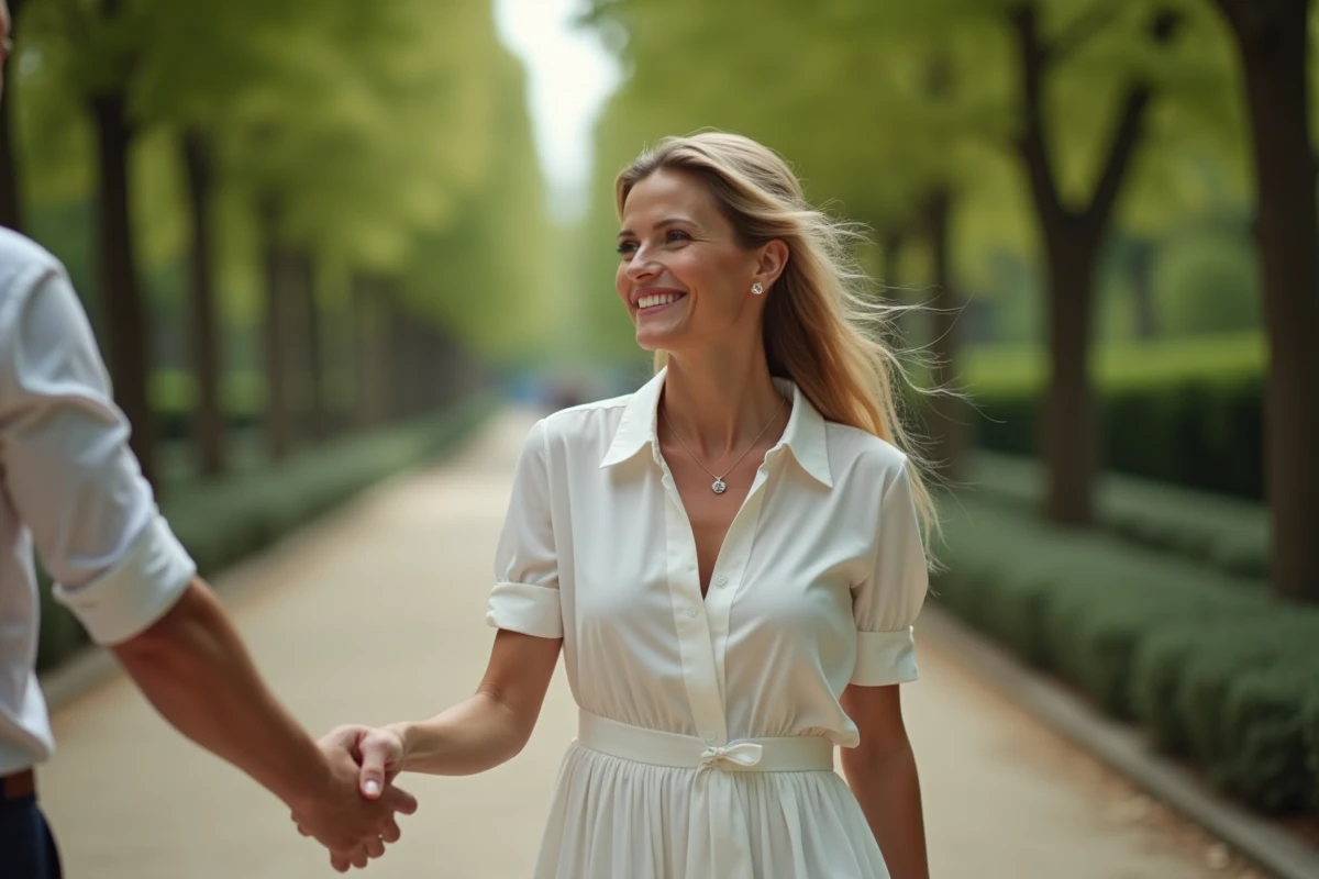 Femme marchant dans un parc parisien en été
