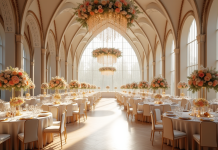 Réception de mariage élégante dans une grande salle avec lustres et fleurs