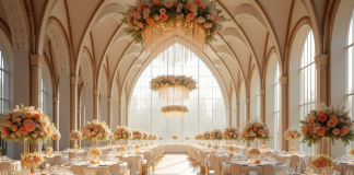 Réception de mariage élégante dans une grande salle avec lustres et fleurs