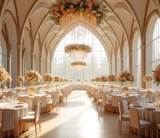 Réception de mariage élégante dans une grande salle avec lustres et fleurs