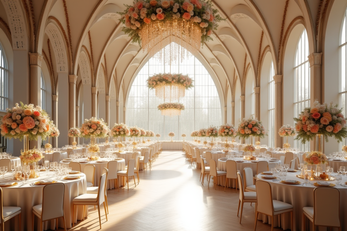 Réception de mariage élégante dans une grande salle avec lustres et fleurs