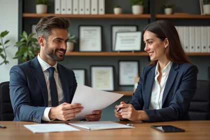 Couple en réunion officielle dans un bureau moderne