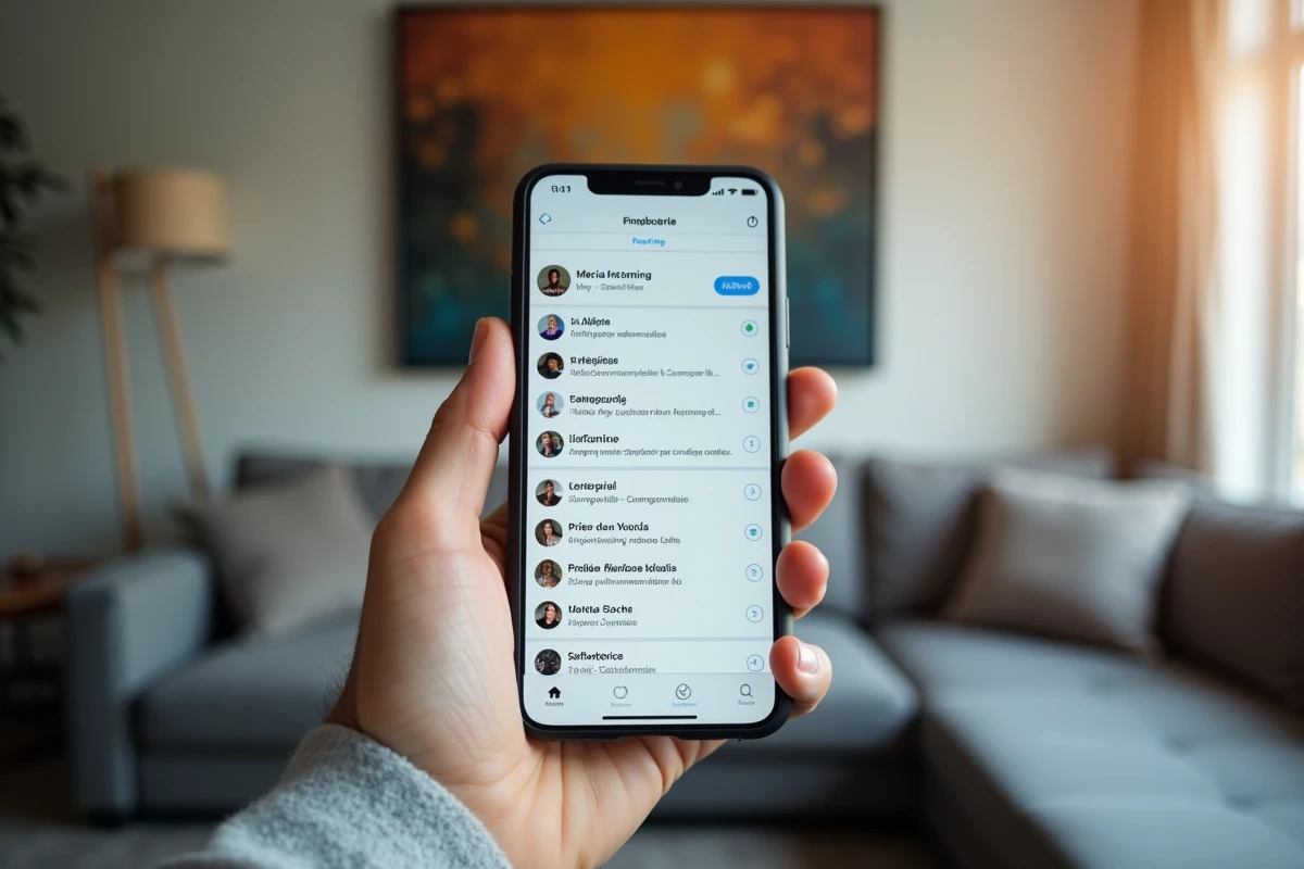 Personne consultant un fil d'actualité sur les réseaux sociaux avec des tendances et hashtags viraux en français