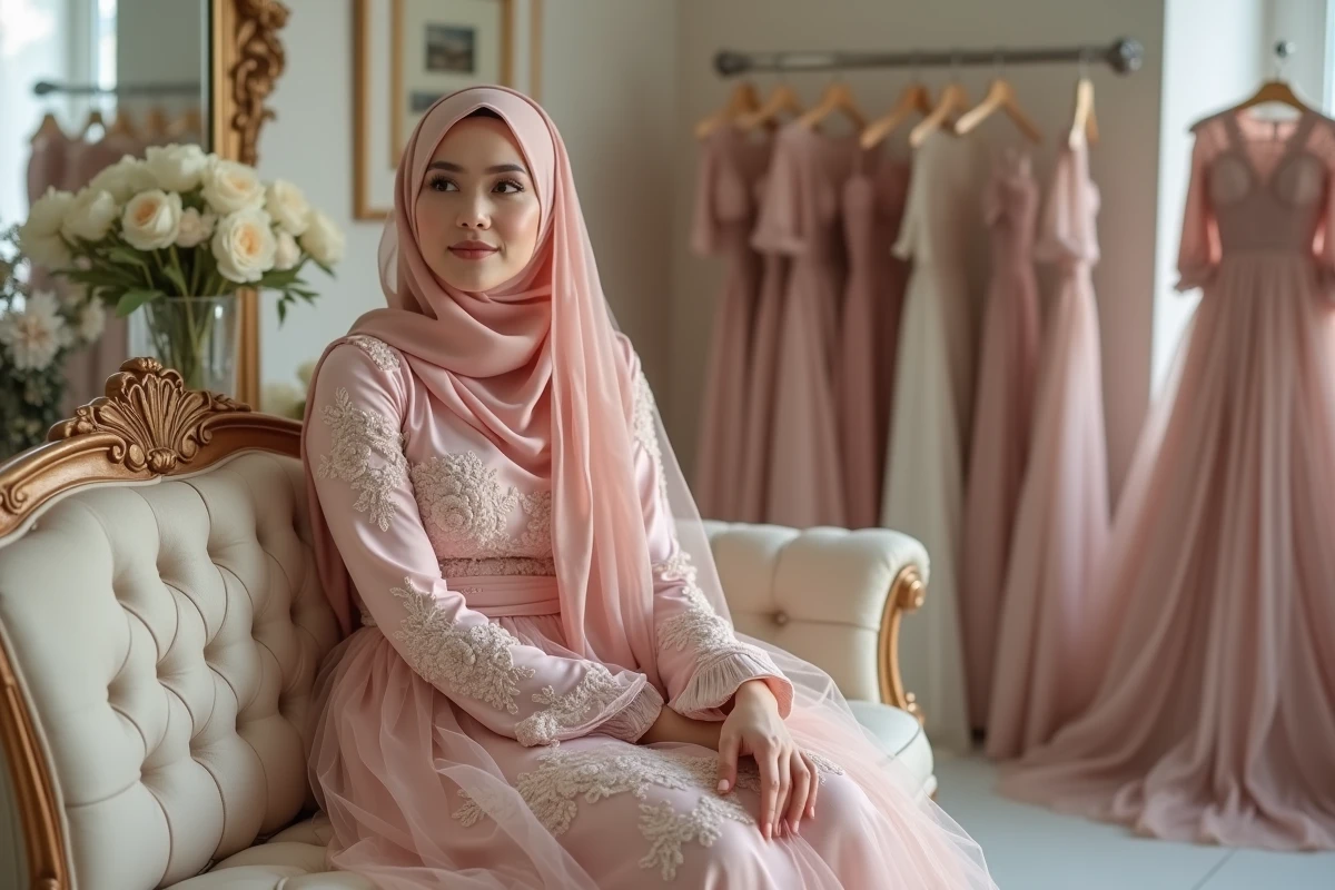 Mariée musulmane en robe de cérémonie rose brodée et hijab en mousseline dans une boutique de robes de mariée