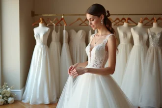 Jeune femme en robe de mariée contemplant la dentelle