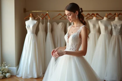 Jeune femme en robe de mariée contemplant la dentelle