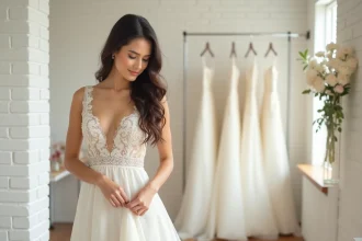 Jeune femme en robe de mariée ivoire en dentelle dans une boutique de mariage épurée