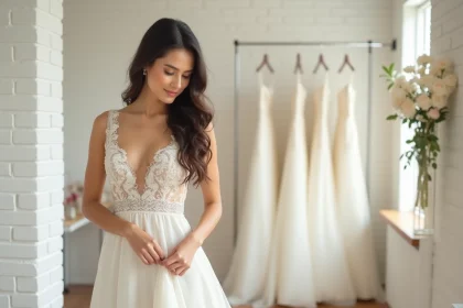 Jeune femme en robe de mariée ivoire en dentelle dans une boutique de mariage épurée