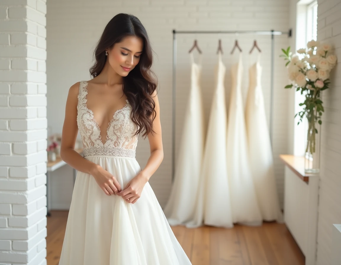 Jeune femme en robe de mariée ivoire en dentelle dans une boutique de mariage épurée