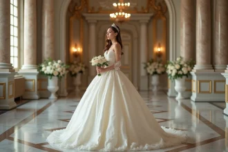 Jeune femme en robe de mariée princesse dans un grand salon élégant