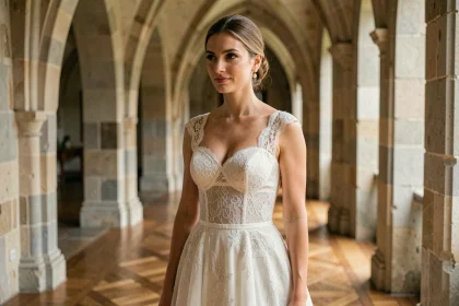 Femme en robe de mariée en dentelle ivoire dans un couloir de château français, exemple de style élégant et sobre pour un mariage chic