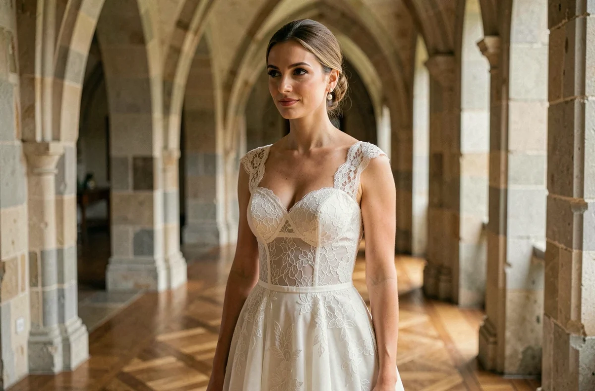 Femme en robe de mariée en dentelle ivoire dans un couloir de château français, exemple de style élégant et sobre pour un mariage chic