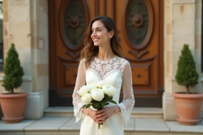 Femme élégante en robe ivoire en dentelle devant la mairie pour un mariage civil