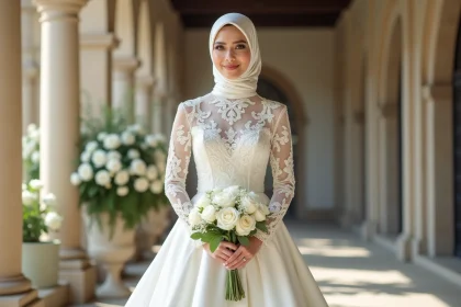 Mariée voilée en robe de mariage longue ivoire avec dentelle et hijab coordonné dans un lieu de réception élégant