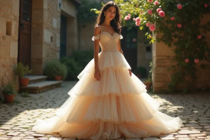 Mariée gitane en robe de mariage traditionnelle ivoire à plusieurs jupons brodés, posant dans une cour en pierre fleurie