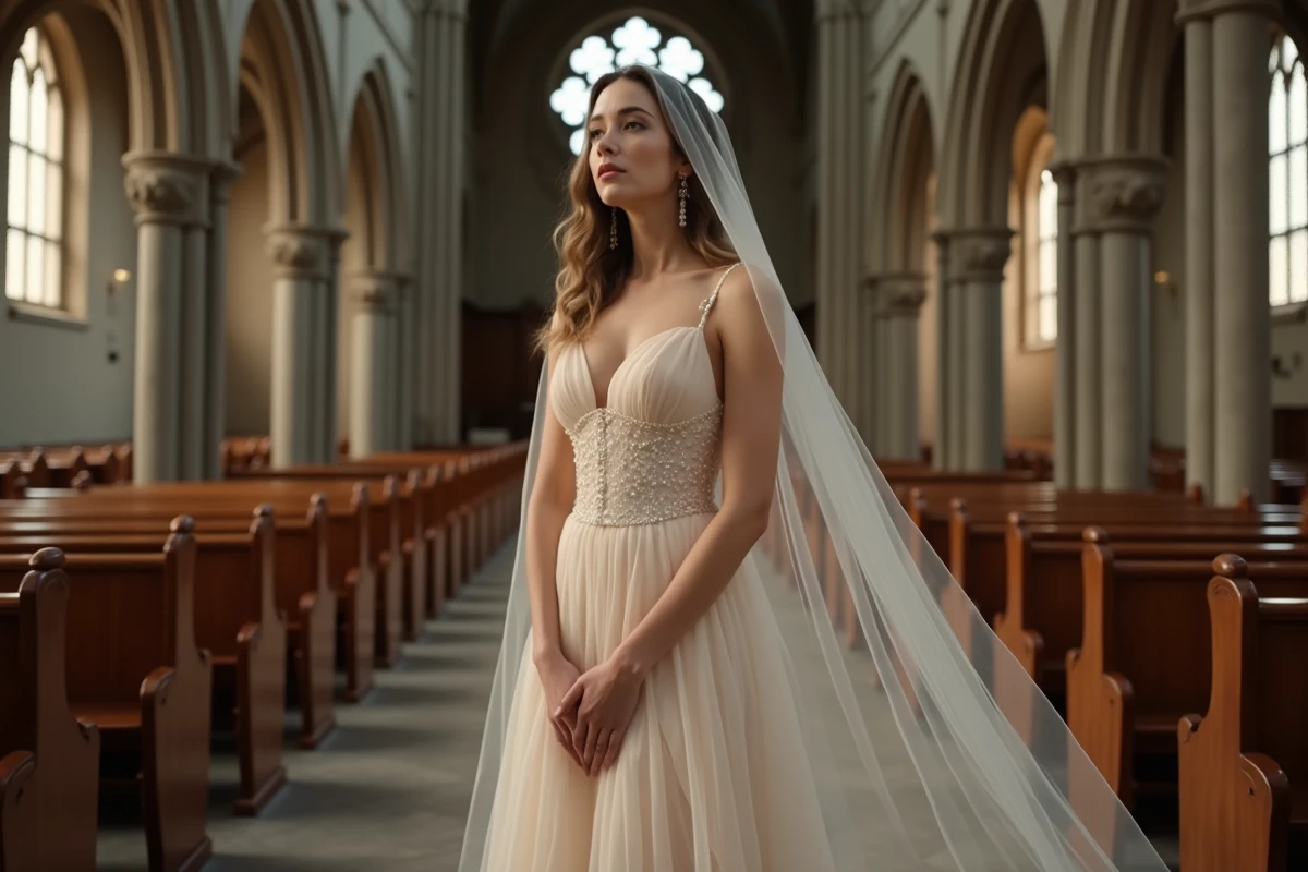 Mariée en robe champagne avec voile cathédrale dans une église gothique pour un mariage religieux