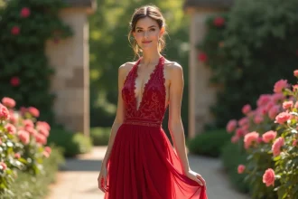 Femme en robe rouge mi-longue avec dentelle et broderies florales dans un jardin de mariage