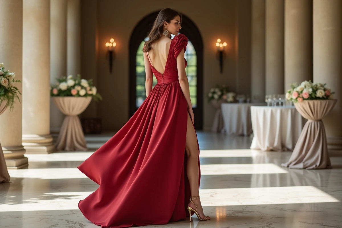 Robe de soirée rouge satin longue à dos nu portée dans un château lors d'un mariage