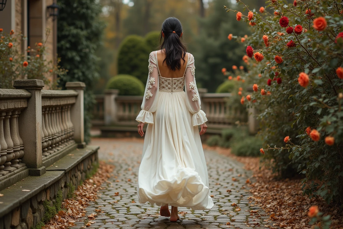 Femme en robe de mariée bohème vintage des années 70 en mousseline brodée se promenant dans un jardin de campagne française en automne sur des pavés