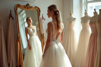 Jeune mariée en robe de mariée coupe A en dentelle et satin devant un miroir dans un atelier de couture bridal