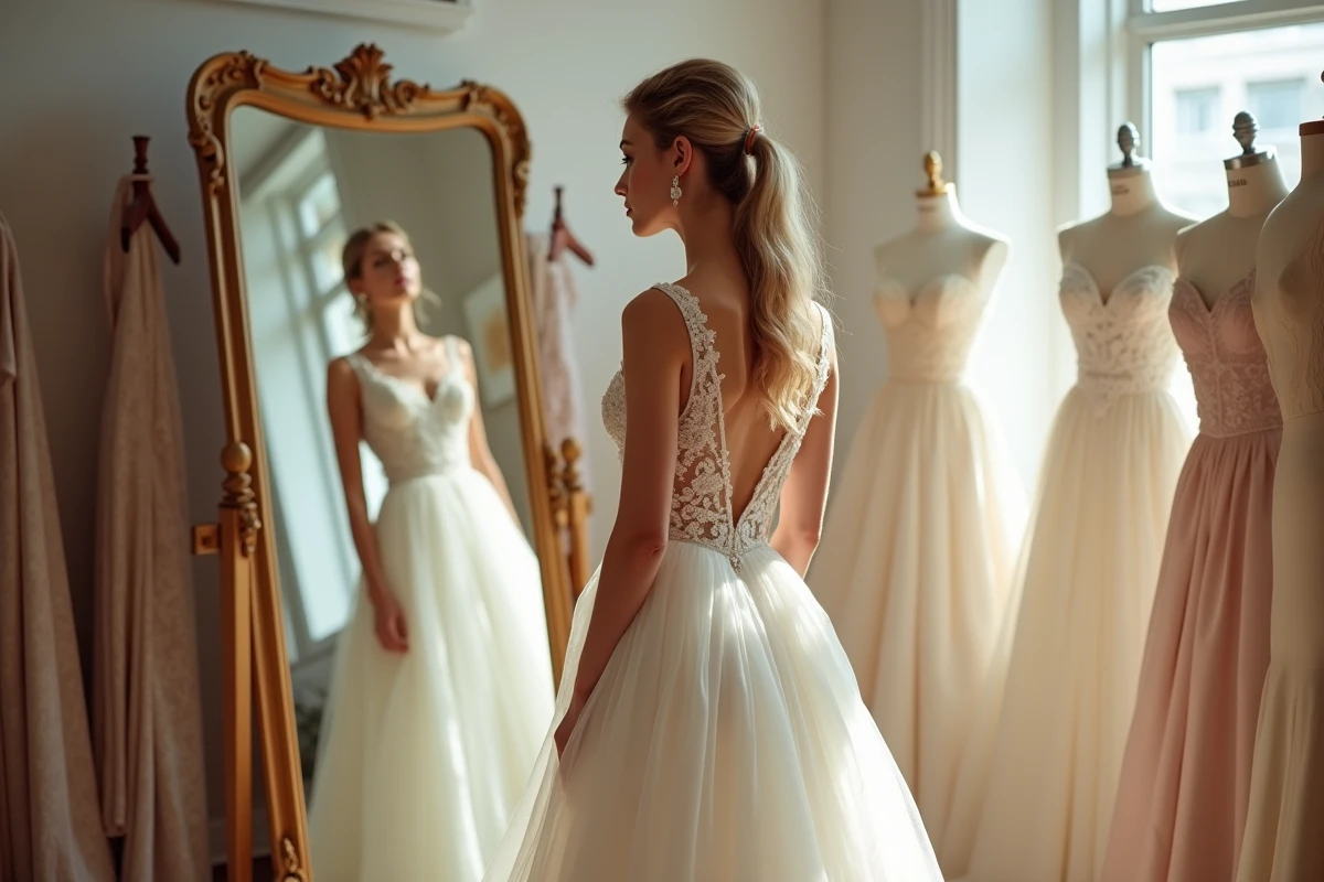 Jeune mariée en robe de mariée coupe A en dentelle et satin devant un miroir dans un atelier de couture bridal