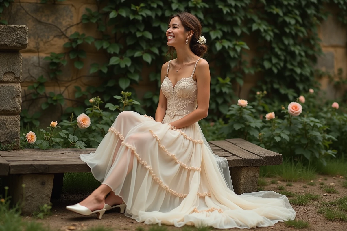 Mariée assise sur un banc en bois dans un jardin romantique portant une robe courte en mousseline champagne à volants