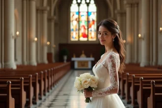 Mariée en robe longue avec manches en dentelle dans une cathédrale en pierre lors d'un mariage religieux