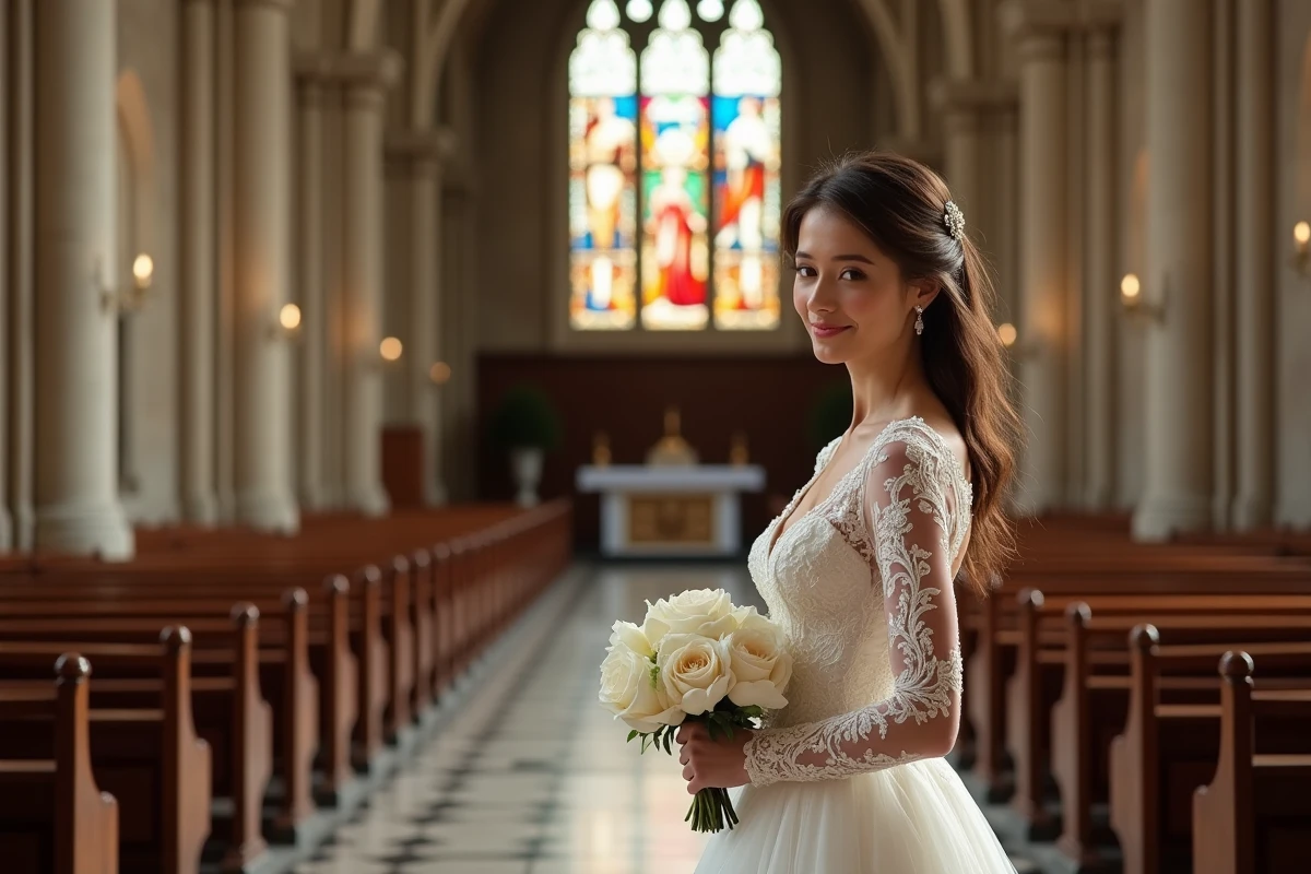 Mariée en robe longue avec manches en dentelle dans une cathédrale en pierre lors d'un mariage religieux