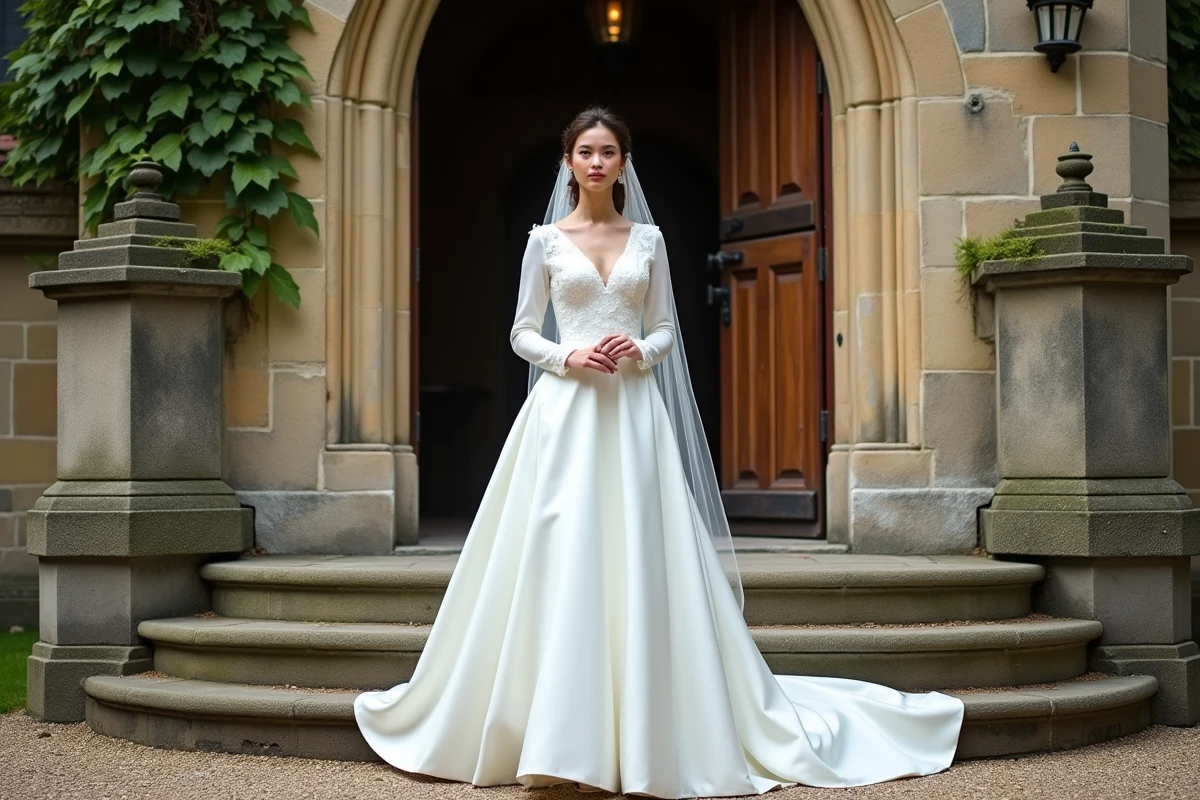 Mariée en robe blanche à manches en satin devant une église traditionnelle en pierre lors d'une cérémonie religieuse