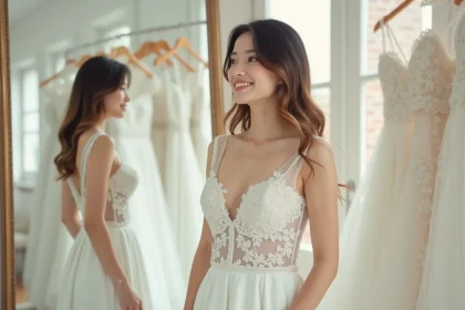 Petite mariée en robe de mariée fourreau en dentelle dans une boutique de robes de mariée, reflet dans le miroir