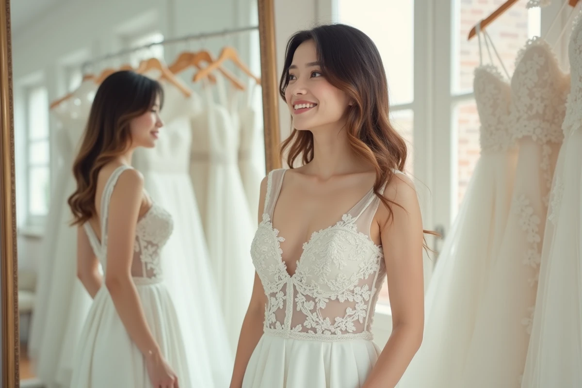 Petite mariée en robe de mariée fourreau en dentelle dans une boutique de robes de mariée, reflet dans le miroir