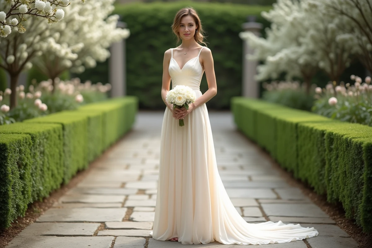 Petite mariée en robe empire en mousseline de soie dans un jardin fleuri, bouquet de pivoines blanches