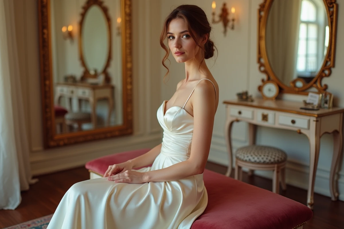 Petite mariée assise en robe de mariée fourreau à col cœur dans un salon de préparation décoré avec miroirs dorés