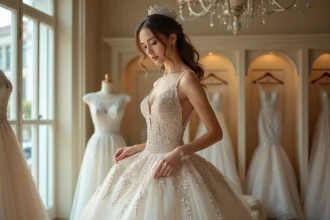 Femme en robe de mariée princesse strass et paillettes dans une boutique, inspectant les détails du tissu avant achat