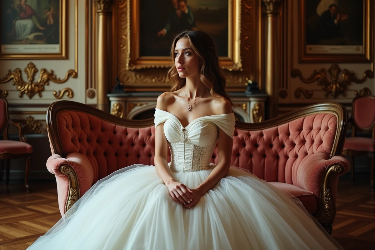 Mariée en robe de mariée princesse à jupe en tulle et bustier corset assise sur un canapé ancien dans un salon haussmannien parisien