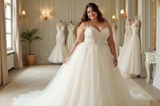 Femme ronde en robe de mariée meringue avec bustier structuré et jupe en tulle volumineuse dans une boutique de mariage