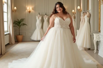 Femme ronde en robe de mariée meringue avec bustier structuré et jupe en tulle volumineuse dans une boutique de mariage