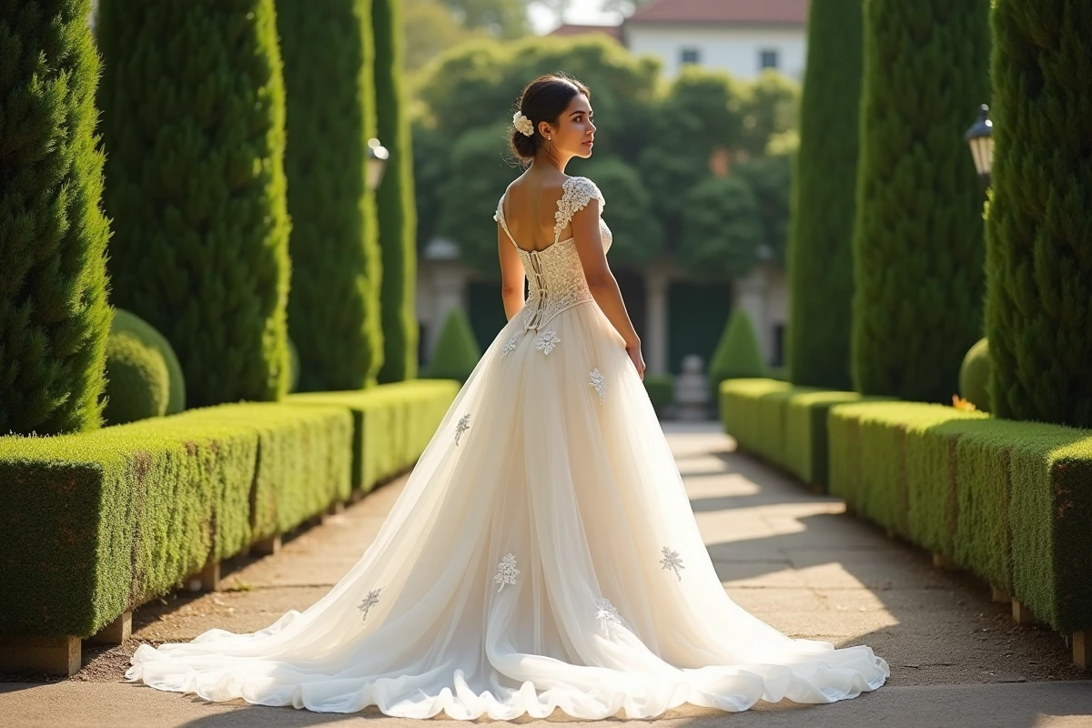 Mariée ronde en robe meringue cathédrale avec dos corseté et broderies florales dans un jardin formel