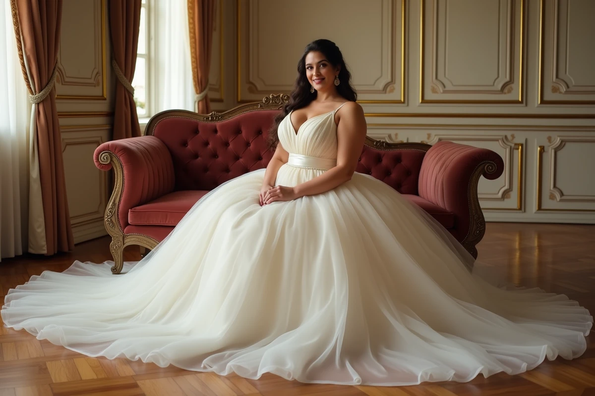 Femme à la morphologie ronde assise en robe de mariée meringue structurée avec ceinture satin dans un château élégant