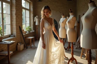 Femme portant une robe de mariée vintage en dentelle ivoire des années 60 dans un atelier de couture avec formes de mannequins anciennes et murs en pierre